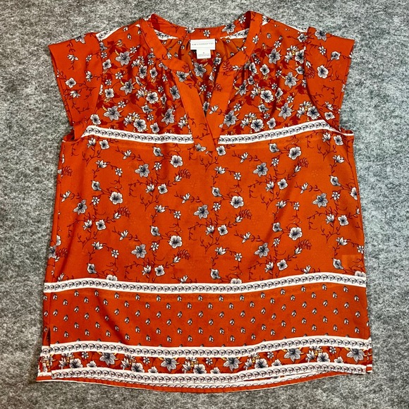 Liz Claiborne Tops - Liz Claiborne Blouse Womens Small Orange Floral Cap Sleeve V-Neck Boho Office